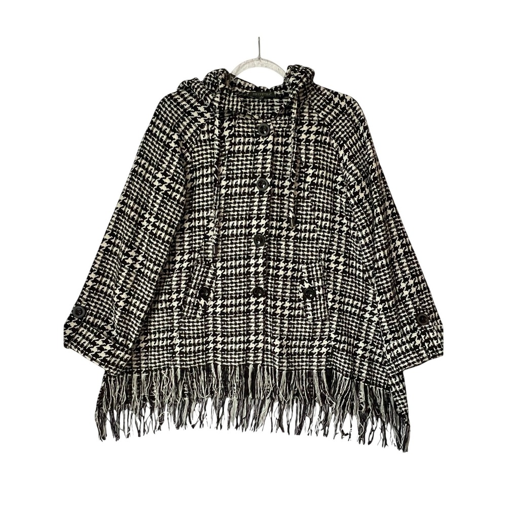 For Cynthia Houndstooth Hooded Fringe Jacket Women's Size Small - Picture 1 of 13